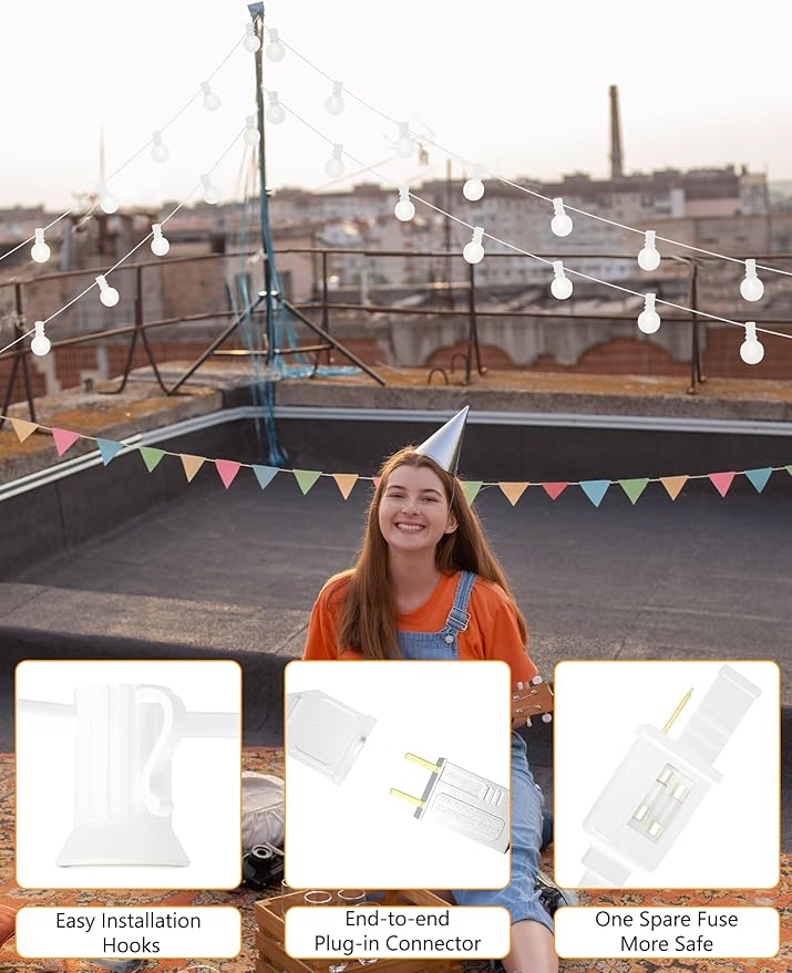 SUNSGNE White String Lights Outdoor, 50FT White Outdoor Lights with 52 G40 LED Frosted Shatterproof Bulbs(2 Spare) for Balcony Patio Tent Backyard Bistro Cafe Christmas Decor