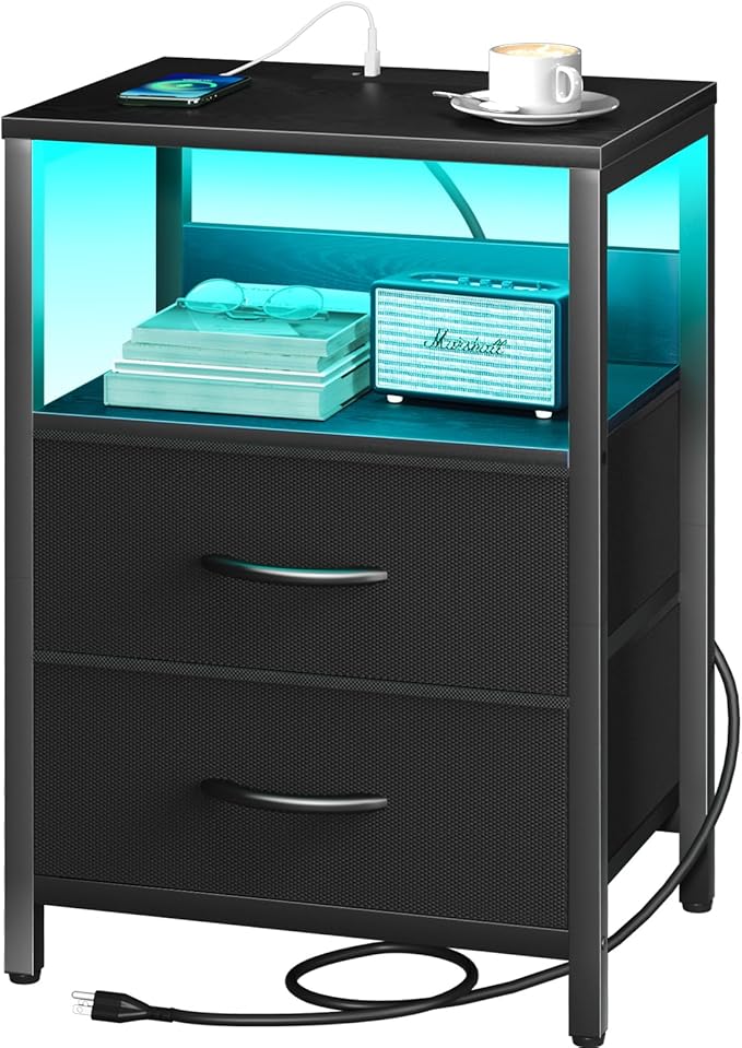 Yoobure Nightstand with Charging Station, LED Night Stand with Fabric Drawers and Storage Shelf for Bedroom, Nightstands Bedside Tables with USB Ports & Outlets, Small Night Stands, Bed Side Table