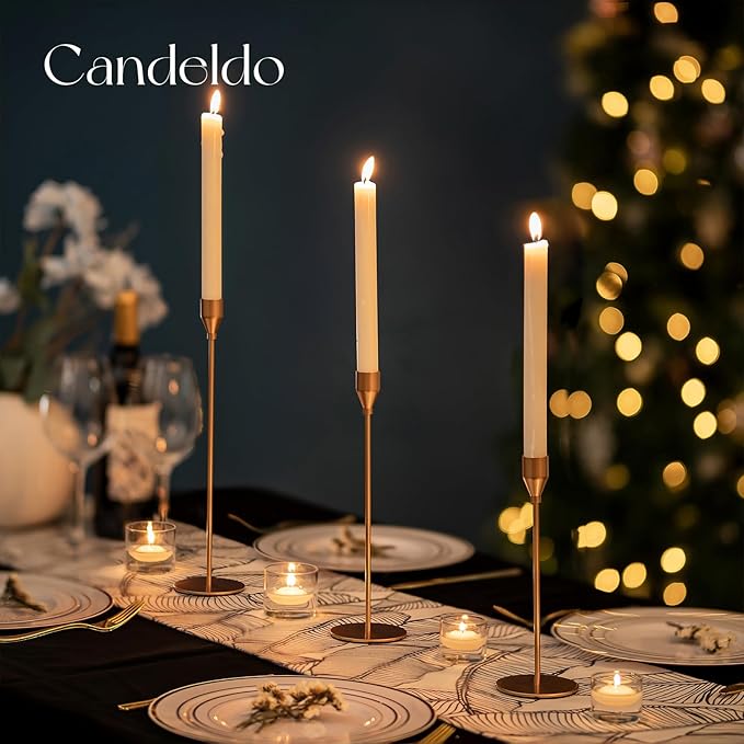 Gold Taper Candle Holders: Tall Candlestick Holder for Table Centerpiece Set of 3 Metal Candles Stick Holders Stand Wedding Decor