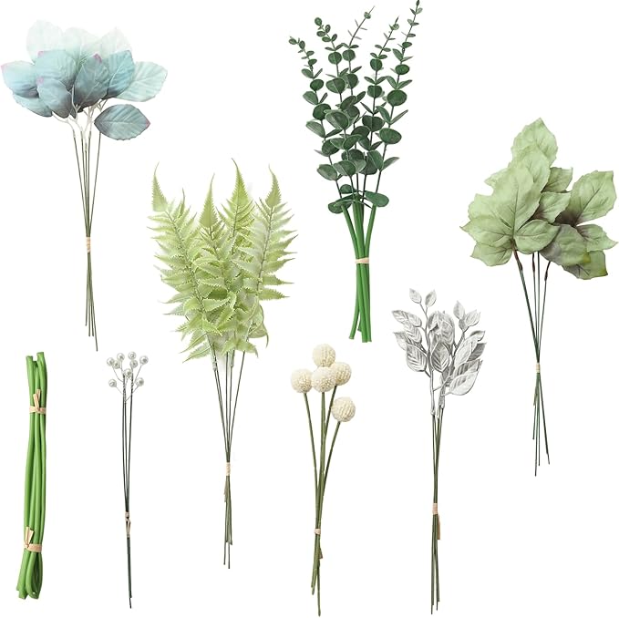 Floroom Artificial Greenery Stems Box Set, 36pcs with 7 Kinds of Faux Greenery Flowers Picks for DIY Bridal Bouquets Wedding Floral Arrangement Table Centerpieces, Dusty Blue & Silver