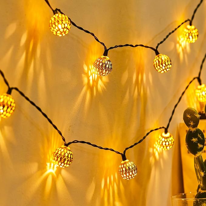 Solar Moroccan String Lights Outdoor 60 LED 36 Ft Globe Fairy Lights with 8 Lighting Modes, Waterproof Solar Powered String Lights for Garden Yard Gazebos Camping Party Holiday (Warm White)