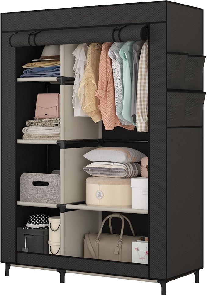 Calmootey Portable Closet Organizers, Clothing Storage, Wardrobe with 6 Shelves and Hanging Rod, Non-Woven Fabric Cover with 4 Side Pockets, Black