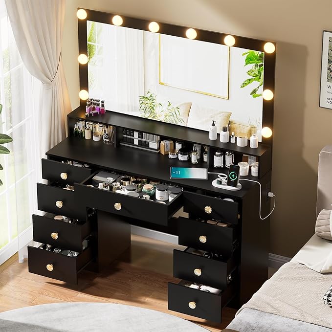 Vanity Desk with Large Mirror and Lights, Makeup Vanity with Power Outlet, 9 Drawers & Shelf Storage, Black Vanity with 3 Lighting Modes, Dressing Vanity Table for Women, Girls, Bedroom