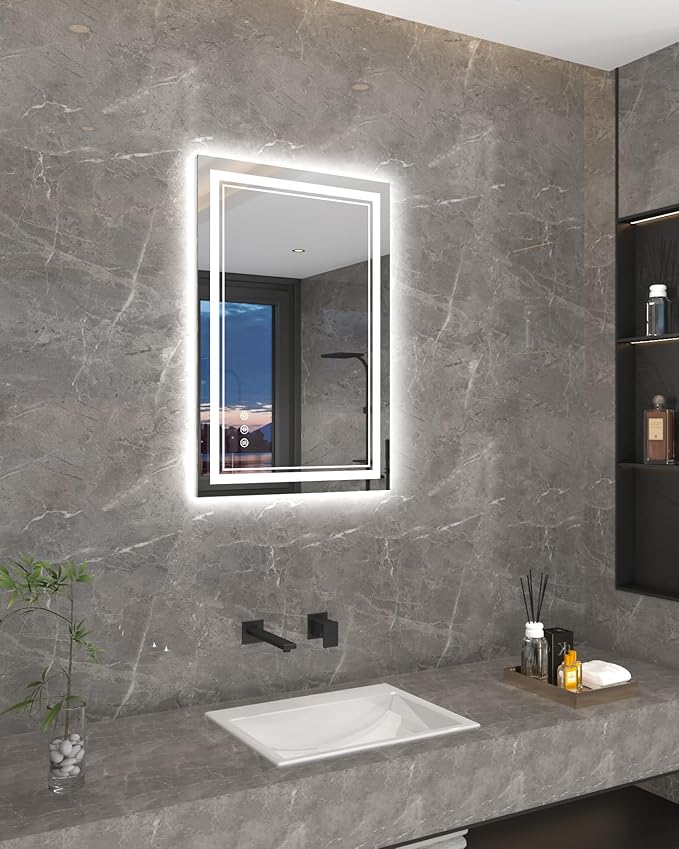 24x36 Inch Bathroom Mirror with Lights, LED Vanity Mirror for Bathroom Wall Mounted with Threefold Brightness by 2 Front Lights & 1 Backlit, Anti-Fog, Stepless Adjusted, Unbreakable Tempered Glass