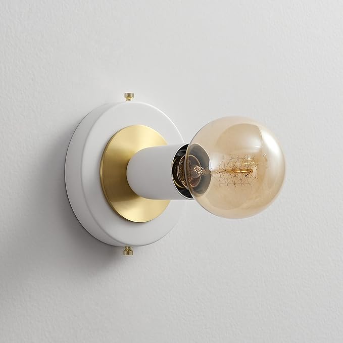 BRIGHTTIA Luna Uno 1-Light Wall Sconce - Mid Century Industrial Modern Flush Mount Fixture for Wall & Ceiling - Minimalist Lamp for Bathroom and Small Spaces - White & Gold (BC0026-1WG)
