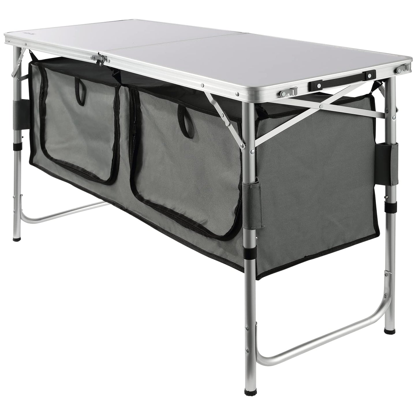 VEVOR Camping Kitchen Station, 3 Adjustable Height Folding Outdoor Camp Cooking Table with Storage Organizer, Quick Set-up for Patio BBQ Picnic Glamping Traveling