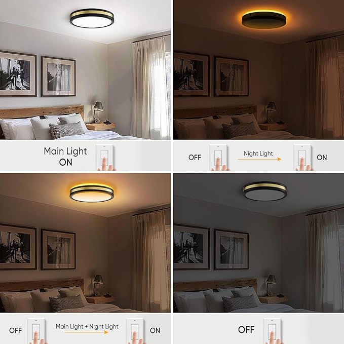 15 Inch Flush Mount Black Gold LED Ceiling Light with Night Light, 5CCT Modern, 35W 3500LM 2700K-6500K Adjustable, Dimmable for Bedroom Hallway, ETL