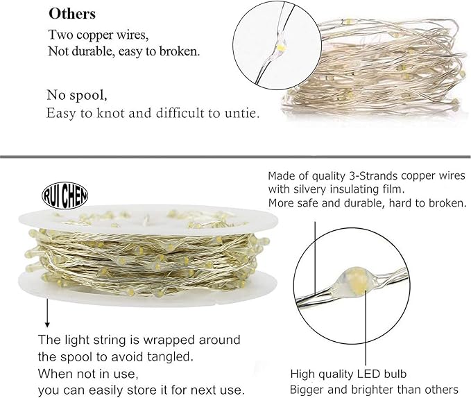 RUICHEN Silver Wire Fairy Lights Plug in 33 Ft 100 LED String with Spool, Warm White