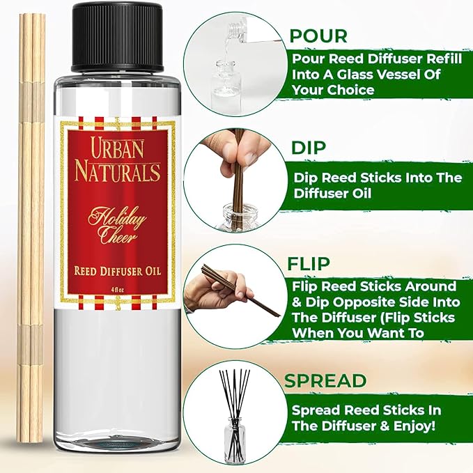 Urban Naturals Reed Diffuser Oil Refill, Holiday Cheer Diffuser Oil with Cranberry, Cinnamon, Evergreen, 4 oz + Free Reed Sticks, Made in the USA