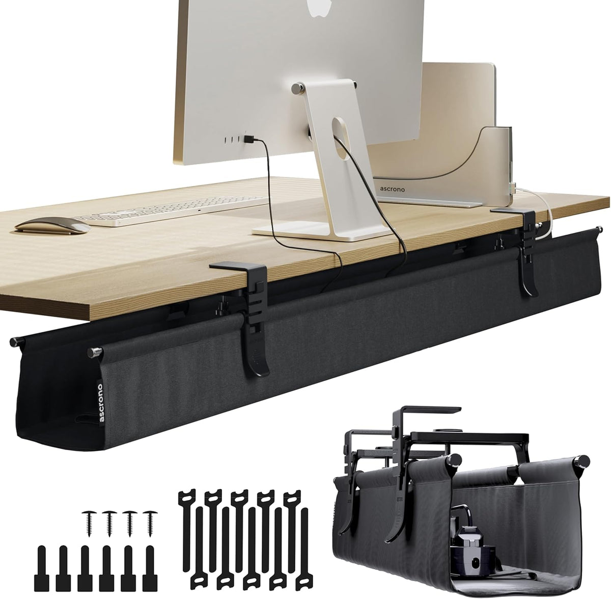 Original No Drill Under Desk Cable Management Tray 53.9" - Premium Black Fabric Cable Management Under Desk - Clamp/Screw Mount Cord Organizer - Supports Upto 66lbs - Extra Large