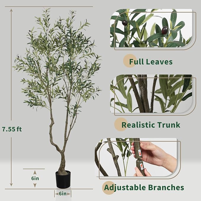 Faux Olive Tree 7.55ft(90in) Tall Artificial Plant Indoor Decor Large Realistic Potted Fake Modern Greenery with Natural Wood Branches and Green Leaves for Home Living Room,Bedroom,Office Decor