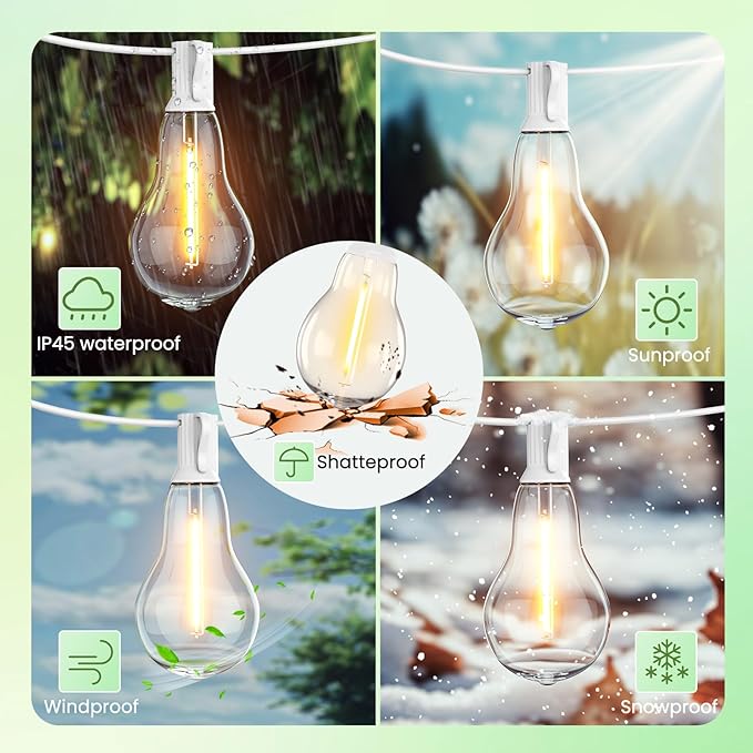 String Lights for Outside 200FT Patio Lights, LED String Light with 100+6(Spare) Waterproof Edison Bulbs, Hanging White Outdoor Light for Backyard, Bistro, Porch, Balcony White Cord