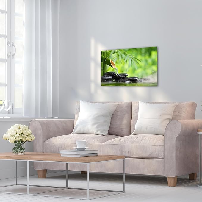 Zen Wall Art Decor, Modern Bathroom Zen Decor Wall Art, Canvas Wall Art for Spa Zen Room Decor, Green Bamboo Forest and Black Pebble Relaxing Art Prints for Office & Spa Wall Decor 12x18 Inches
