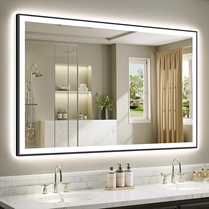 66x40 Inch LED Bathroom Mirror with Lights (Front Lit and Backlit) Black Framed Lighted Vanity Mirror for Bathroom Wall Dimmable Anti-Fog Memory Tempered Glass Horizontal/Vertical