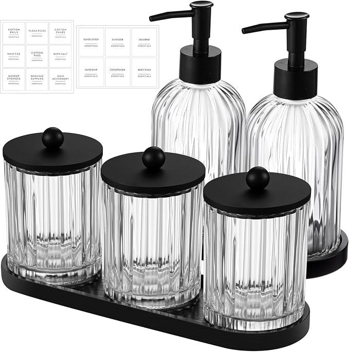Yaomiao 5 Pack Bathroom Accessories Set, Modern Bathroom Decor Sets, Glass Liquid Soap Dispenser, Vanity Tray, Toothbrush Holder, Cotton Swab Jars with Lids for Sink Countertop(Clear,Striped)