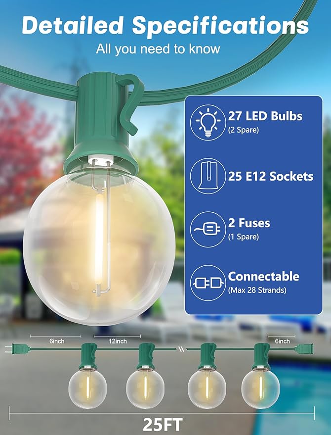 SUNSGNE 25Ft Round Christmas Lights Outdoor, G40 Globe String Lights with 27 LED Clear Lights(2 Spare), Green Wire String Lights for Yard Patio Porch Tent Pergola Backyard Christmas Decorations
