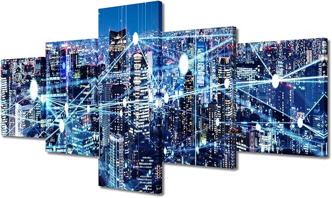 Wall Art Particle Glowing Light Picture 5 Panel Smart City Poster Native Americans Lliving Room Bedroom Decoration Internet Companies Canvas Art Decor Frame and Stretched Ready to Hang 50x24 Inch