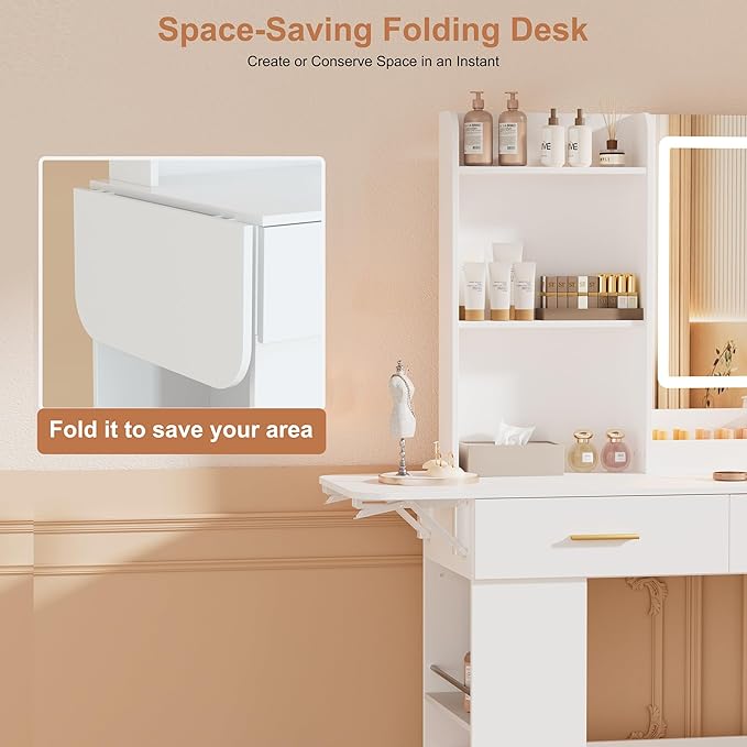 Vanity Desk with Mirror and Lights, 43.31" 4-Drawers Makeup Table Without Stool, Extra Foldable Desk with 3 Open Shelves Dressing Table for Girls and Ladies Bedroom, White and Gold