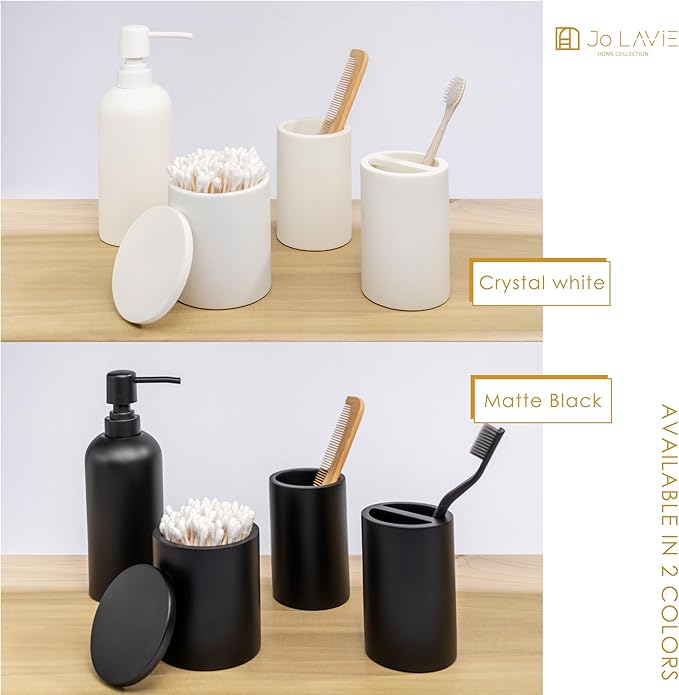 Bathroom Accessory Set - 4 Pcs Matte Black Bathroom Set with Toothbrush Holder, Soap Dispenser, Tumbler & Cotton Swab Jar - Bathroom Vanity Countertop Organizer, Bathroom Decor Sets