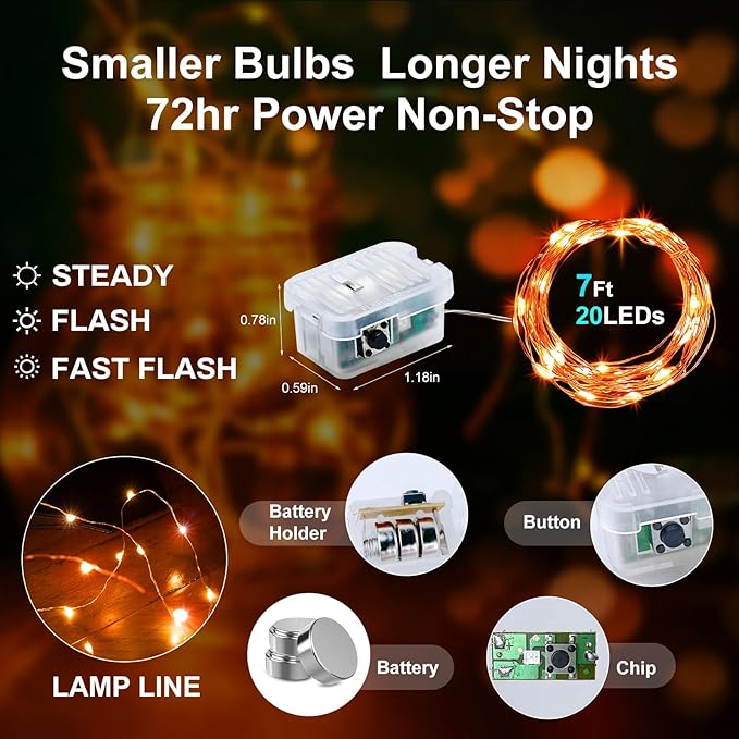 Aogist 24 Pack Fairy Lights 3 Modes 7ft 20 LED Waterproof,Battery Operated Silver Wire Firefly Starry Moon Mini String Lights for Mason Jars Christmas DIY Crafts Wedding Party Bedroom,Orange