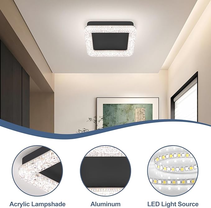 10 Inch LED Hallway Light Fixtures, 4500K Black Modern Flush Mount Ceiling Light, Square Acrylic Close to Ceiling Lighting Fixtures for Hallway Bedroom Entryway Kitchen Ceilings Lamp (Square)
