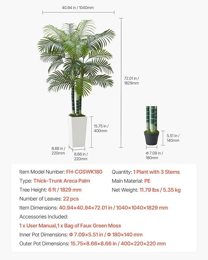 VEVOR Artificial Areca Palm Tree 6 ft, Fake Palm Tropical Plants with White Tall Planter, Faux Floor Silk Plant in Pot, Large Trees for Home Office Living Room Decor House Warming, Indoor Outdoor