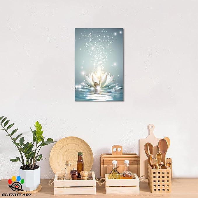 Zen White Lotus Flower Canvas Wall Art, Lotus Flower Pictures Bathroom Zen Print, Spiritual Water Lily Canvas Prints, Lotus Bloom on Water Poster, Zen Calm Relax Artwork for Yoga Spa Room 32x48 inch
