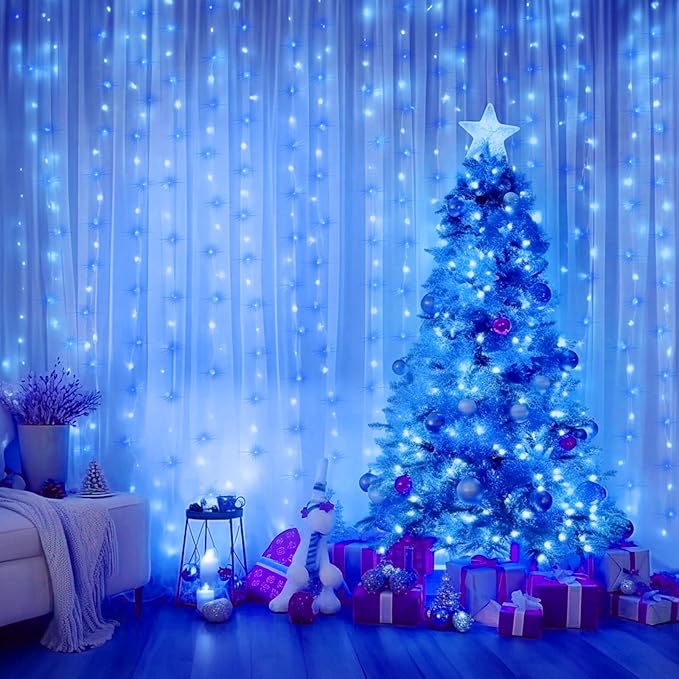 Minetom Curtain Lights, 300 LED Dimmable Fairy Lights with Remote and Timer, 8 Modes, USB Powered String Lights for Room Wall Party Xmas Indoor Decor, Blue & White