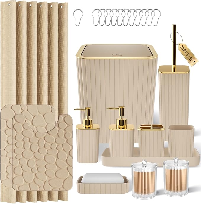 XLHOMO Bathroom Accessories Set - 25PC Bathroom Sets with Shower Curtain and Rugs, Beige Bathroom Accessories with Trash Can, Soap Dispenser, Soap Dish & Toilet Brush