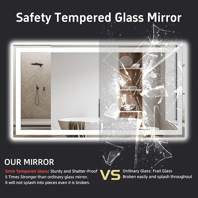 60"x 36" LED Bathroom Mirror, Double Lighting Sources Dimmable, Backlit + Front Lit, Anti-Fog, Stepless Dimmable, Lighted Bathroom Vanity Mirror for Wall Tempered Glass (Horizontal/Vertical)