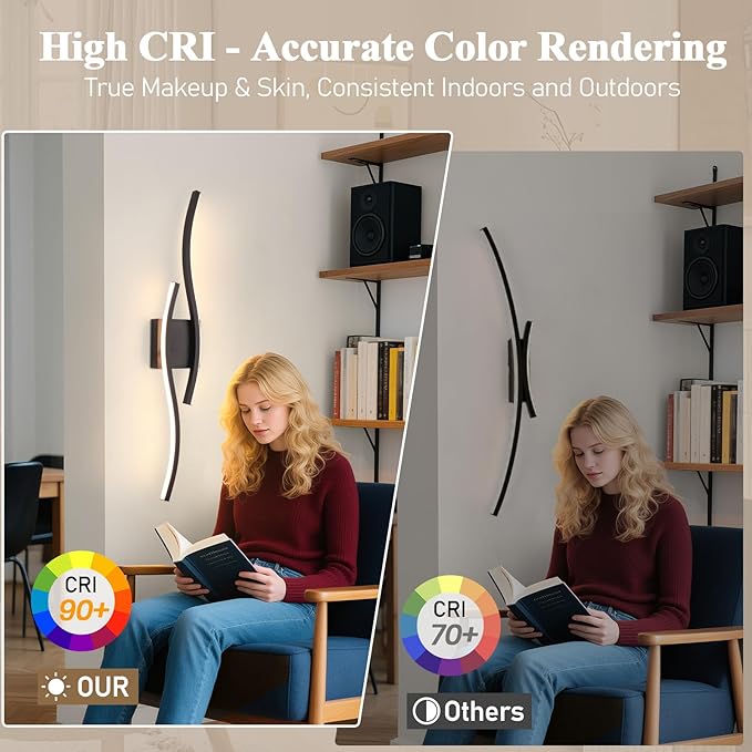 Modern Black Wall Sconce, 5CCT Dimmable Indoor Led Wall Sconce Lighting, Hardwire Black Led Wall Lamps for Living Room Bedroom Bathroom Hallway, Indoor Wall Decor Bedside Wall Lamp, 31.5Inch