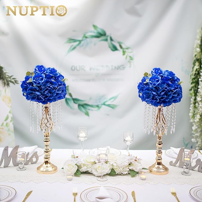 NUPTIO Royal Blue Flowers for Centerpieces: 2 Pcs 11.8 inch Diam Artificial Flower Balls for Centerpieces - Fake Flower Ball Arrangement Bouquet Rose Wedding Centerpieces for Tables Decorations