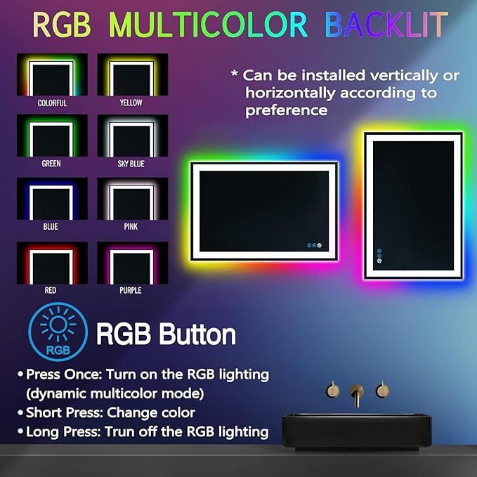 36 x 24 Inch Square LED Bathroom Mirror with Front Lights 3 Color + Rainbow RGB Backlit Light up Mirror for Bathroom Wall Mounted Lighted Vanity Mirror Anti Fog RGB 36x24 Smart Lighted Mirror