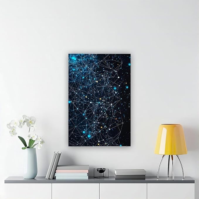 Modern Futuristic Abstract Tech Network Wall Art, Intricate Geometric Lines And Grids, Cool Blue And Neon Cyan Home Decor Canvas Poster Wall Art Bedroom Decor Office Room Kitchen Decor Gift 08x12inch