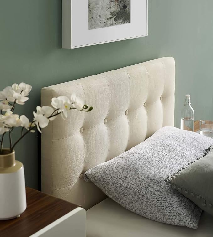 Modway Emily Tufted Button Linen Fabric Upholstered Twin Headboard in Ivory