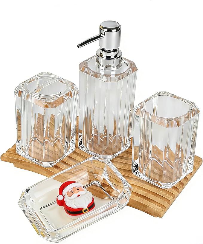 4-Piece Crystal Clear Bathroom Accessories Set — Soap Dispenser, Soap Dish, Mouthwash Cup & Toothbrush Holder, Transparent Acrylic Vanity Organizer, Fits Any Fixture Color or Style