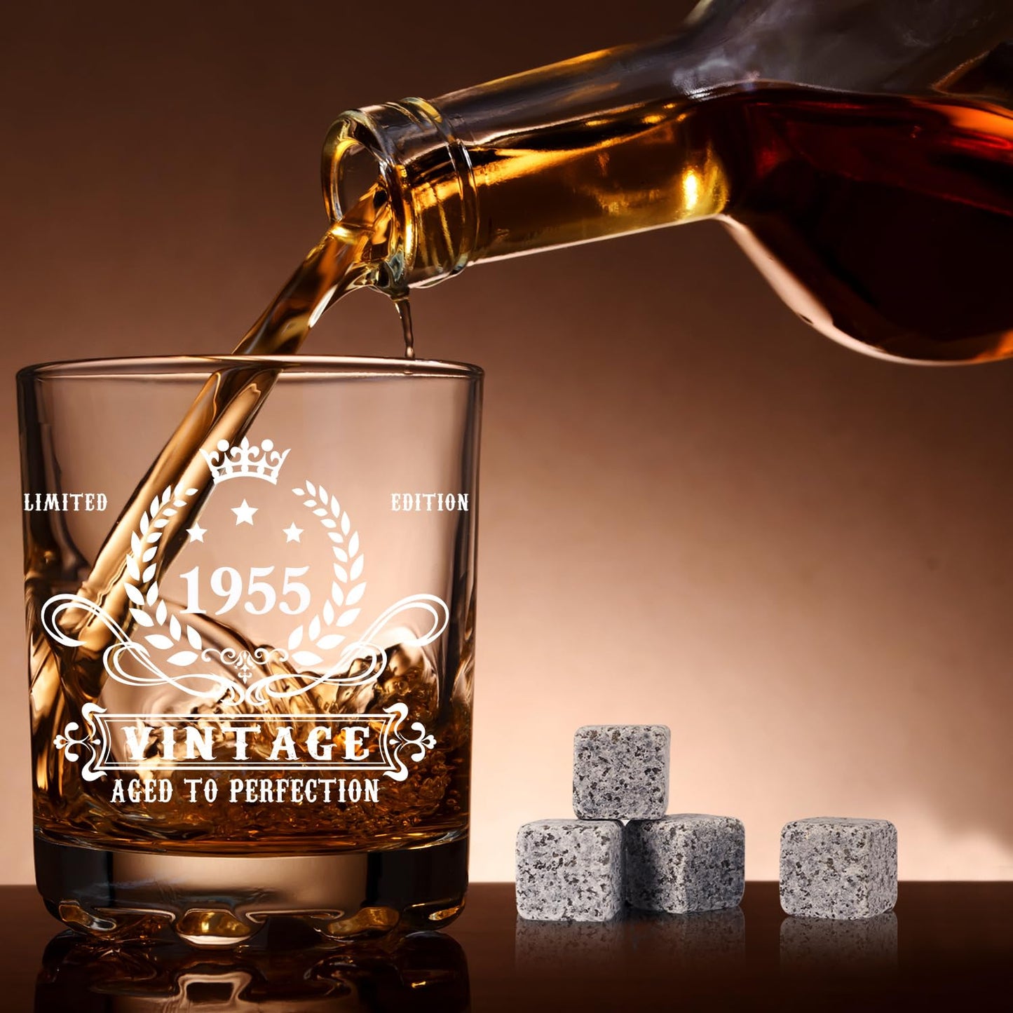 YeohJoy 70th Birthday Gifts for Men,Vintage 1955 Whiskey Glass Set,Wood Box & Whiskey Stones & 1955 Poster Anniversary Card & Coaster,Birthday Gifts Ideas for Him,Husband,Dad