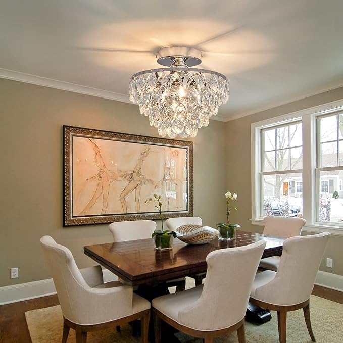 YYJLX Modern E26 Small Crystal Chandelier Semi Flush Mount Ceiling Light Fixture Silver Ceiling Lamp for Hallway Bedroom Bathroom Closet Bedroom Foyer （Chrome）