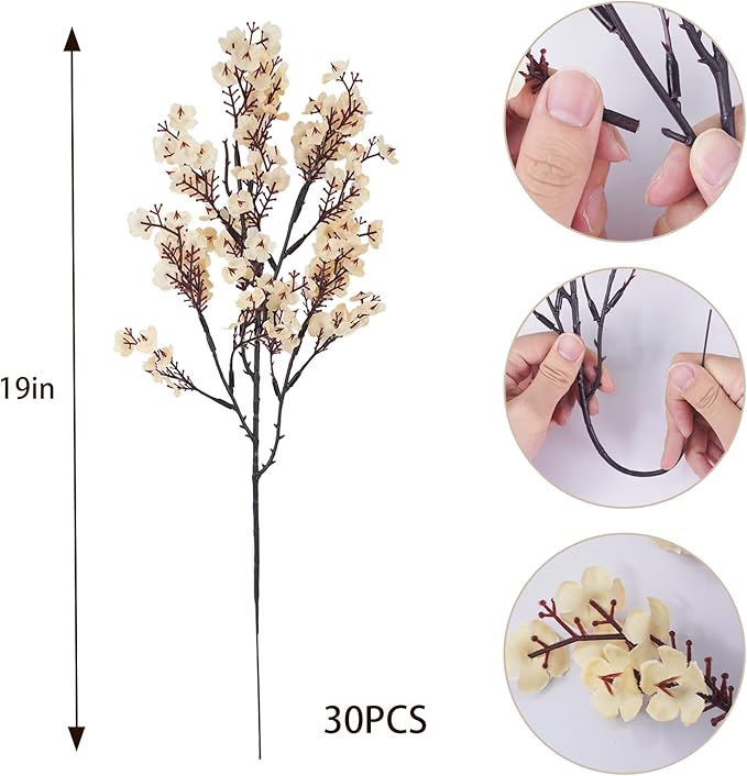 Uieke 30 Pcs Artificial Flowers Baby Breath Faux Champagne Artificial Gypsophila Bouquet Fake Silk Flowers Real Touch for Home Office Kitchen Wedding Wall DIY Room Farmhouse Décor