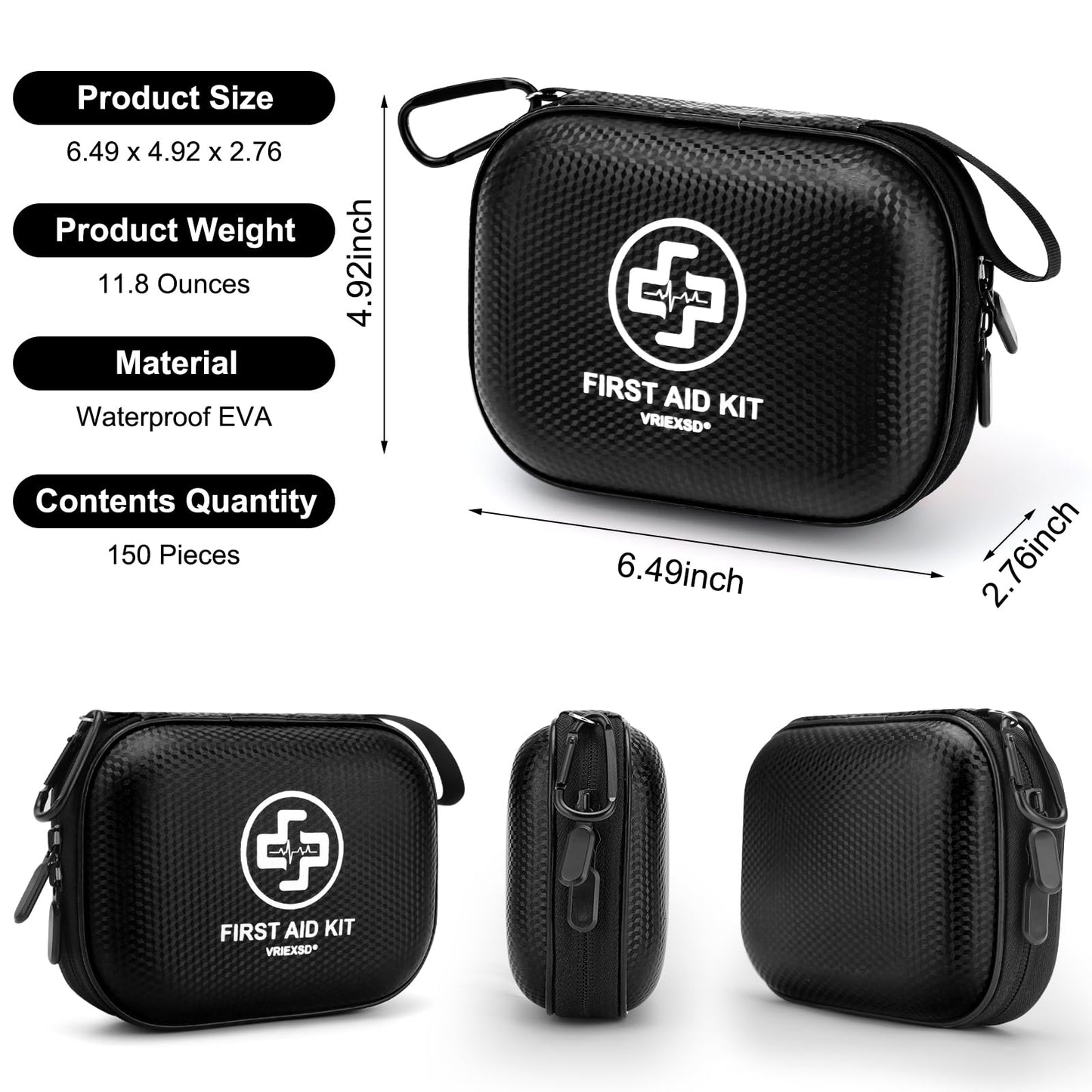 Mini First Aid Kit - 150 Piece Small Waterproof Hard Shell Medical Kit for Home, Car, Travel, Camping, Truck, Hiking, Sports, Office, Vehicle & Outdoor Emergencies (Black)