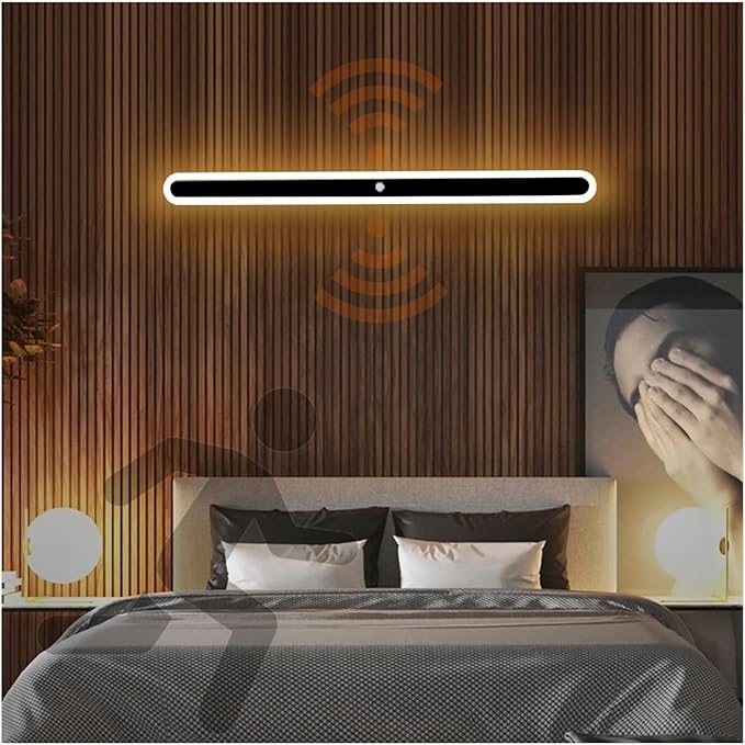 Modern LED Wall Sconce with Motion Sensor Interior Acrylic Black Wall Lamp Indoor Minimalist Long Wall Light Inside Lighting Fixtures for Living Room Bathroom Front Door Bedroom (60CM,Warm Light)