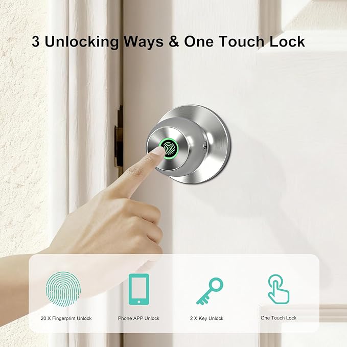 52HZ Smart Fingerprint Door Lock, 3 in 1 Finger Print Door Knob with Tuya App Control & Key, Auto Lock, Thumbprint Keyless Entry Door Lock for Front Door, Home, Apartment, Office, Satin Nickel