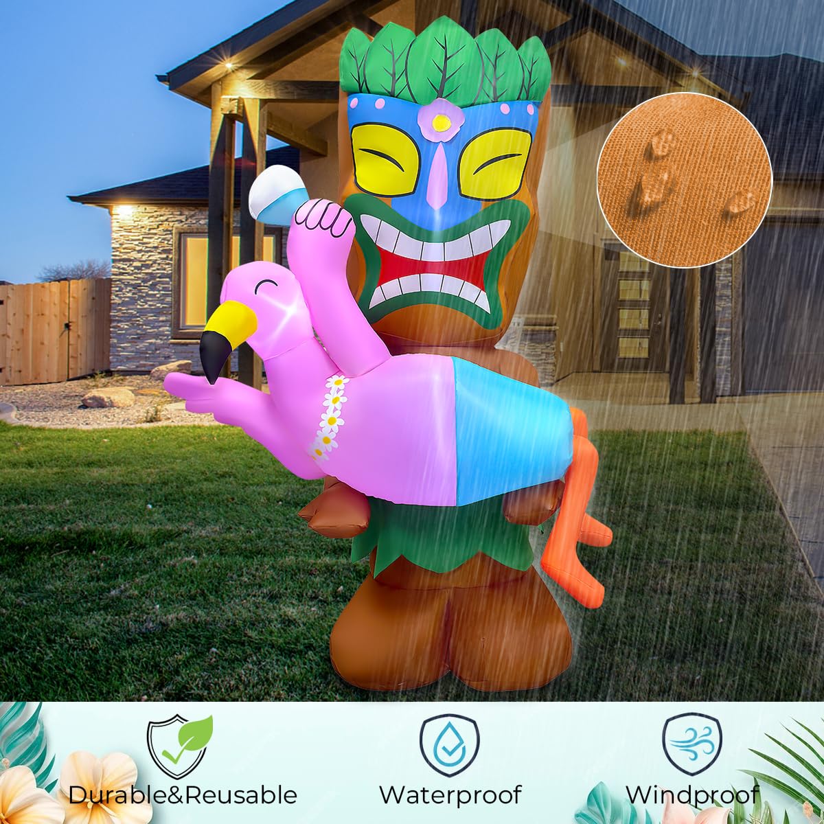 bbioc 5FT Tiki Luau Inflatables Decorations, Tiki Holding Flamingo Blow up Party Beach Decor Hawaiian Party Giant Yard Decoration, Outdoor Built-in LED Lights Lawn Holiday Summer Tropical Outside