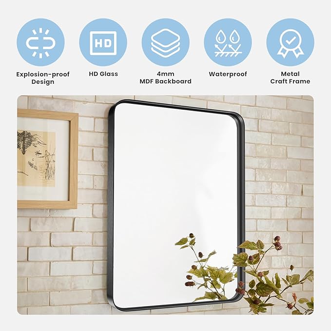 DUMOS Black Metal Bathroom Mirrors for Over Sink, 30x21 Inch Wall Mounted Vanity for Restroom, Farmhouse, Corner, Horizontally or Vertically Hanging