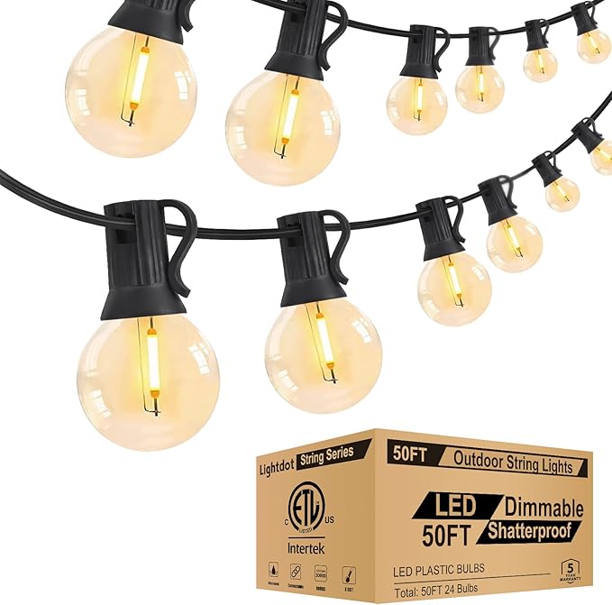 Lightdot 50FT Outdoor String Lights, LED Bistro String Lights with Shatterproof G40 Bulbs, 2700K Dimmable, Waterproof Hanging Lights for Porch, Party, Garden, Backyard, Balcony - ETL Listed
