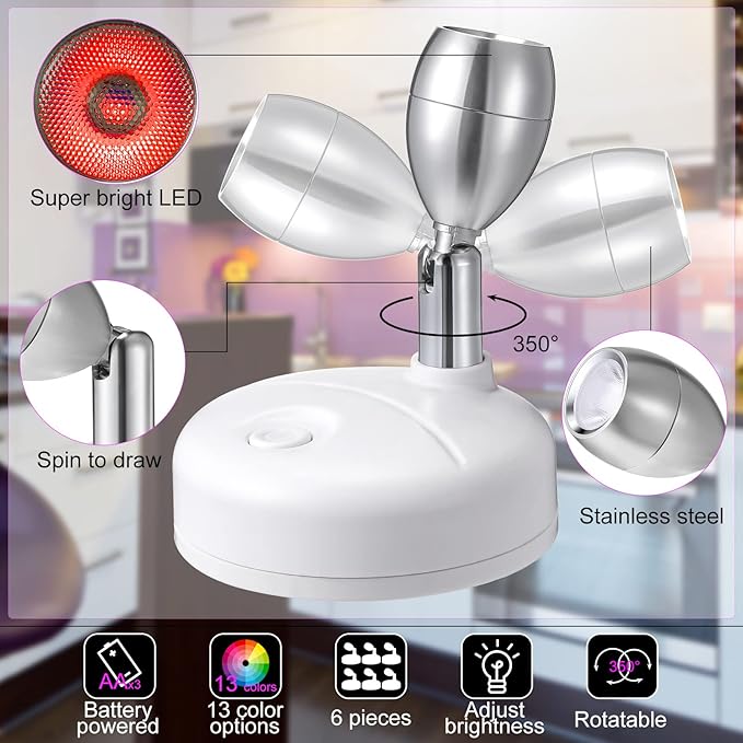 Hortsun 6 Pieces Battery Operated Spotlights Indoor LED Wireless Spotlight Indoor 13 Color up Lights with Rotatable Light Head Stick on Wall Hallway for Painting Picture Artwork Closet(White)
