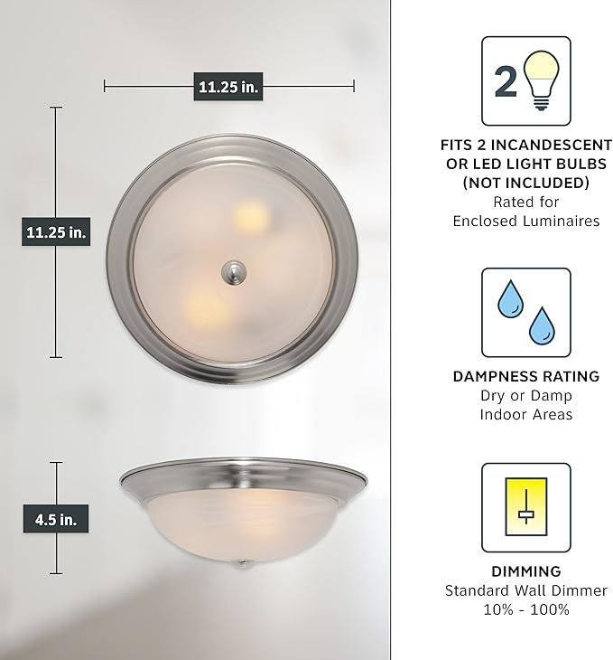 DESIGNERS FOUNTAIN Reedley 2-Lights Flush Mount Ceiling Light, 11 Inch Lighting Fixture for Kitchen, Bedroom, Bathroom, and Hallway, White Alabaster Glass, Satin Platinum, 1257S-SP-AL