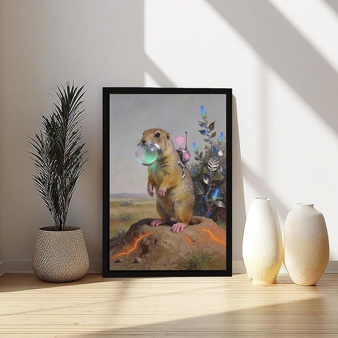 Framed Steampunk Mechanical Prairie Dog Wall Art - Retro-Futuristic Wilderness Poster for Living Room Game Room Decor 12x18in