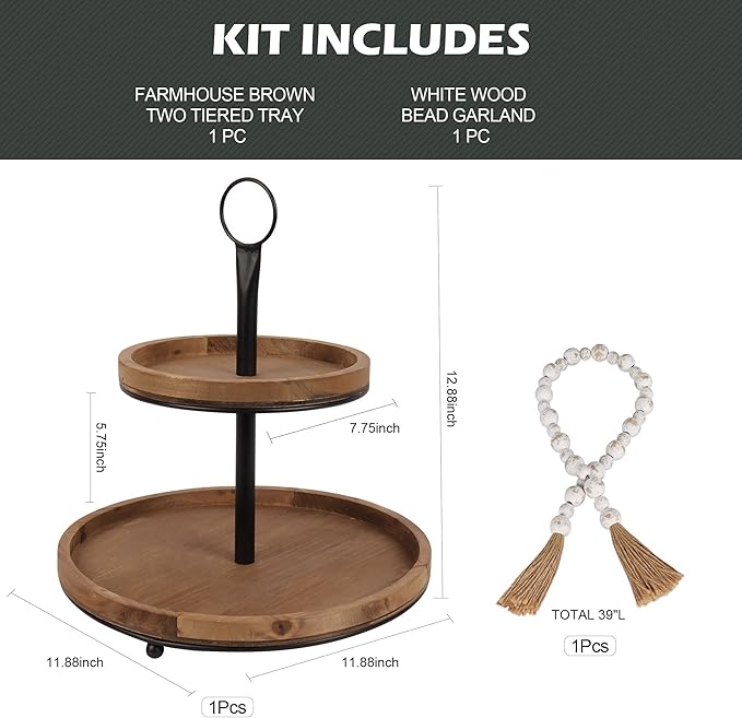 GENMOUS & CO. Farmhouse Tiered Tray Decor with Distressed Wood Bead Garland, Decorative 2 Tiered Serving Tray with Metal Handle for Rustic Home Décor