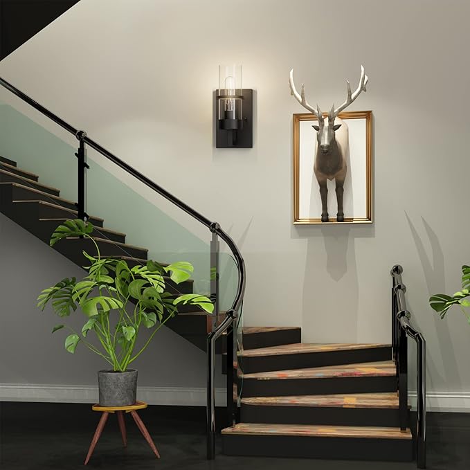 Tipace Black Wall Light Fixtures,Industrial Wall Sconces Clear Glass Wall Mount Sconce,Wall Lamp for Living Room Bedroom Hallway(Bulb not Include)
